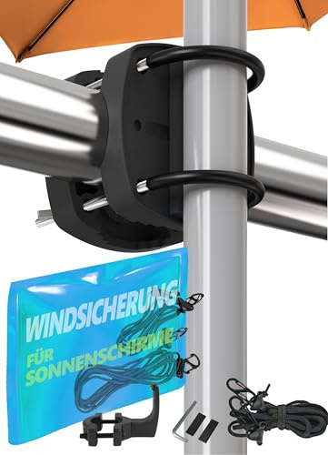 4happy Sonnenschirmhalter Balkongeländer + Windsicherung, Schwarz | Sonnenschirm Balkon Halterung mit Windsicherung - Schirmhalterung Balkongeländer als balkonhalterung für sonnenschirme