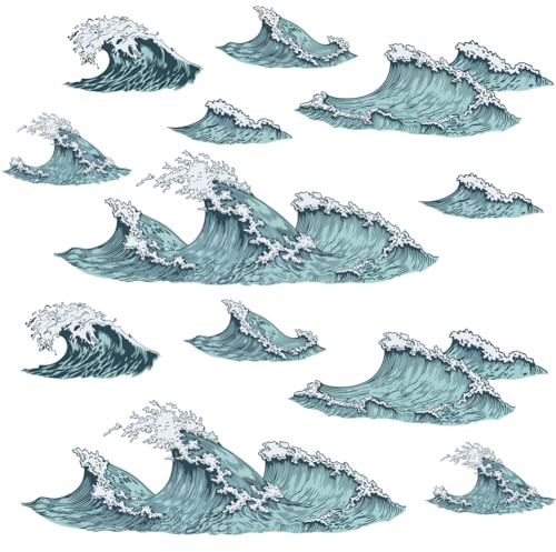 PLIGREAT 12 Pcs Blue Ocean Waves Wall Stickers, Removable Vinyl Peel and Stick Wall Decals for Bathroom Nusery Bedroom Playroom Living Room Decorations Home Indoor DIY Art Decor Bathtub Decals