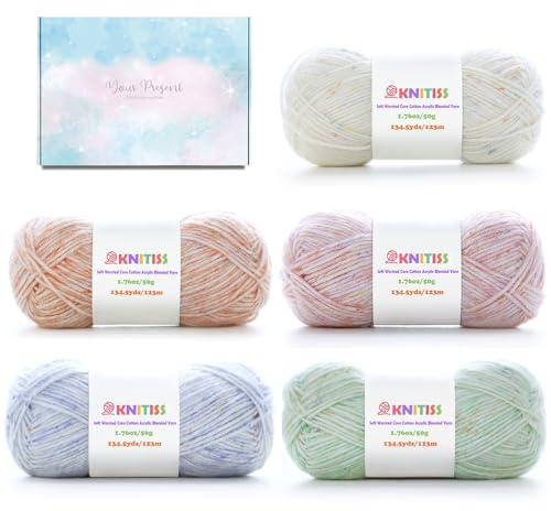 Knitiss 5-Pack Crochet Yarn, Tweed Yarn for Knitting and Crochet, 72% Cotton Yarn for Crochet, Soft DK Double Knit Yarn for Scarves, Blankets, DIY Crafts - 50g Each