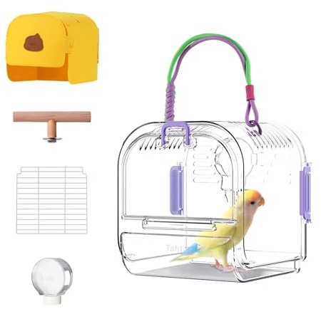Tafit Bird Travel Carrier Cage with Metal Perch, Bottom Mesh, Food Bowl Tray, Cage Cover & Breathable Clear Ventilation for S/M Birds, Conures, Parakeets, Budgies, Canaries, Lovebirds - Purple