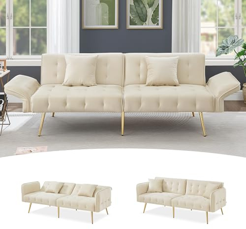 DRIXNO Zweisitzer-Multifunktions-Sofabett mit Bettfunktion, Verstellbarer Rückenlehne + Mehrstelligen Armlehnen.Faltsofabett für Wohnzimmer - Veloursbezug.Beige
