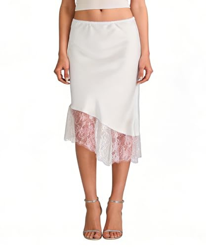 Crsiphee Women Summer Skirt Satin Slip Midi Skirts with Lace Trim A-Line Asymmetrical Skirts Flowy Silky Long Skirt for Going Out White M