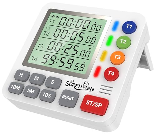4-Kanal Küchentimer Digital mit Großer LCD-Anzeige Lautlos-Modus & Laut Ton | Digitaler Eieruhr Magnetische Küchenuhr Countdown Countup Timer für Kochen Sport Backen Lernen, inkl. Batterien
