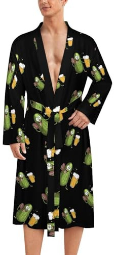 Pickle Playing Football Drinking Beer Mens Bathrobe Long Bath Robe Warm Spa Robe Nightgown Soft with Waist Belt