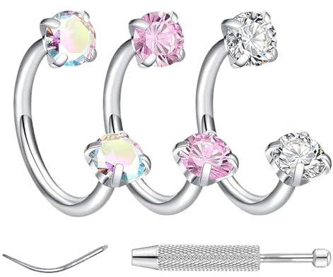 YUZHEDM 3 Pezzi Piercing Naso a Ferro di Cavallo con Cristalli Brillanti Septum Nostril Piercing Acciaio Adatto Piercing Al Labbro, Anello per Piercing Al Lobo Dell'orecchio e Al Setto Nasale (6mm)