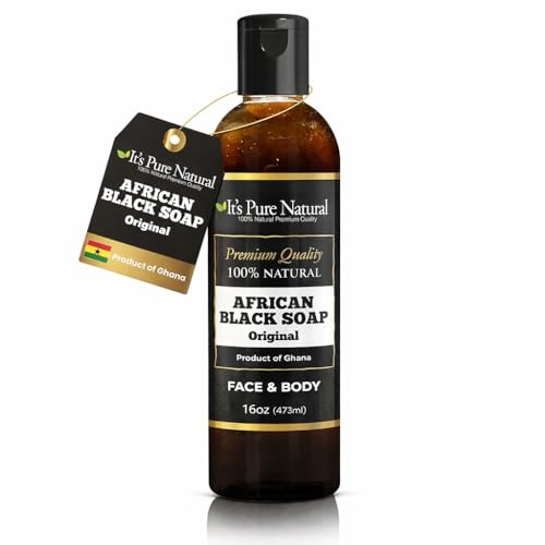 It's Pure Natural African Black Soap, Liquid Form, Traditional Handmade Raw Soap with Shea Butter and Coconut Oil, Face and Body Cleanser, (16oz, Original)