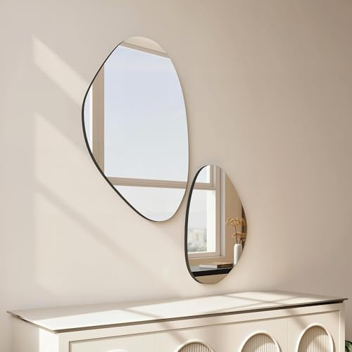 HOMCOM Irregular Wall Mirror Set of 2 Pebble-Shaped with Metal Frame Black | 70 x 46 cm, 49.5 x 31 cm, Asymmetrical Hanging Wall Mirror, Living Room, Entryway, Bedroom, Hallway