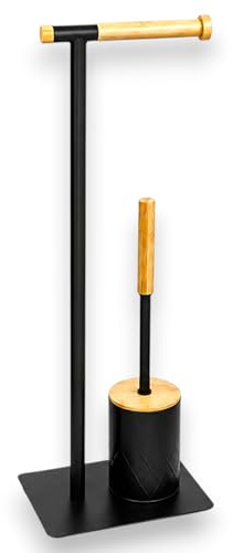 KORAT Portarotolo con Portascopino WC in Metallo e Bambù, Set Bagno Salvaspazio con Base Antiscivolo, Design Moderno, Porta Carta Igienica da Terra, Disponibile Nero e Bianco - 22x16x62 Cm (Nero)