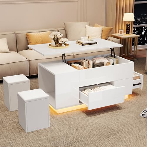 QSOST Lift Top Coffee Table with Storage – 100cm White Smart Coffee Table with LED Lights & Hydraulic Adjustment, High Gloss Table with 2 Ottoman Seats, for Living Room