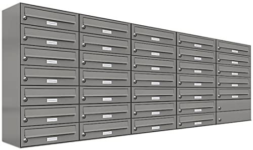 AL Briefkastensysteme 33er Briefkastenanlage Aluminiumgrau RAL 9007, Premium Briefkasten DIN A4, 33 Fach Postkasten modern Aufputz