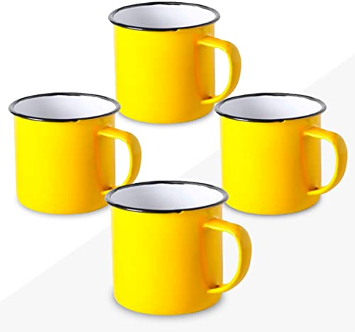FUN FAN LINE - Set of 4 Retro Enameled Metal Mugs, Yellow | Large 12 Oz Vintage Breakfast Mug Set for Coffee | Unique Mugs for Tea, Hot Chocolate & Daily Use | Set for Friends & Family