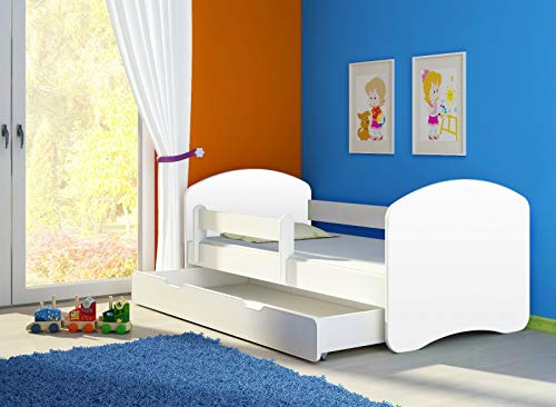 CLAMARO 'Fantasia Basic' 180 x 80 Kinderbett Set inkl. Matratze, Lattenrost und mit Bettkasten Schublade, mit verstellbarem Rausfallschutz und Kantenschutzleisten - Farbe: Weiß/Weiß