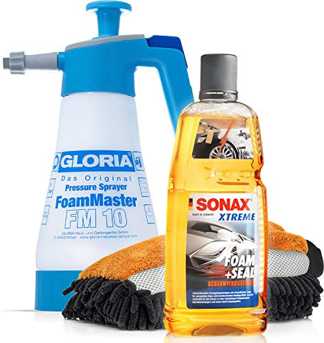 detailmate Auto Schaum Wasch Versiegelung Set: SONAX Xtreme Foam and Seal - Schaumversiegelung 1 Liter + Gloria FM10 Hand Pumpsprüher + professioneller 3in1 Mikrofaser Waschhandschuh