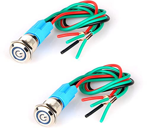 GUUZI 2pcs Interruptor de Botón Pulsador Autobloqueo,Acero Inoxidable Impermeable 220V-230V/3A Interruptor LED Iluminado con Enchufe de Cable Adecuado para Orificio de Montaje de 12mm(Azul)