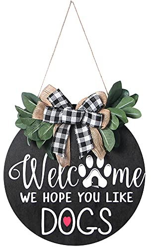 Alnicov, cartello di benvenuto da 25,8 cm, con scritta in inglese Welcome We Hope You Like Dogs, in legno, per portico, decorazione per casa, regali di inaugurazione della casa