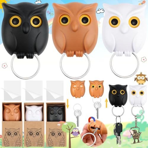 Exbrith 3 Stück Key Hooks, Schlüsselanhänger Aufhängen, für Zuhause, Büro | Kein Lochpunschhaken, Eule Magnetischer Schlüsselhalter, Offenem und Geschlossenem Augen-Design, Dekorations Geschenke