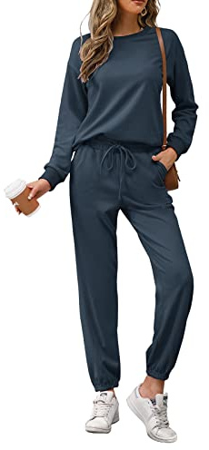 REORIA Damen Tracksuit Langarm Rundhalsausschnitt Einfarbig Zweiteiler Outfit Hoodie Jogger Trainingsanzug Set Sweatshirt & Jogginghose