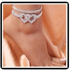 2Pcs Rhinestone Heart Anklet Bracelets Crystal Lariat Love heart Foot Chain Bling Beach Barefoot Sandal Jewelry for Women Girls Teens