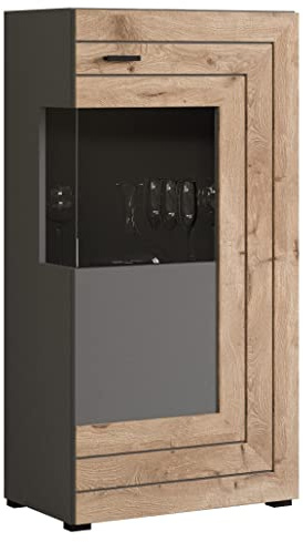 Newroom Vitrine Grau Eiche Glasvitrine Vitrinenschrank stehend | Schublade und Glastür, Einlegeboden, Griffleiste, matte Front, Wohnzimmerschrank, Bücherregal mit Türen, für Sammlerstücke