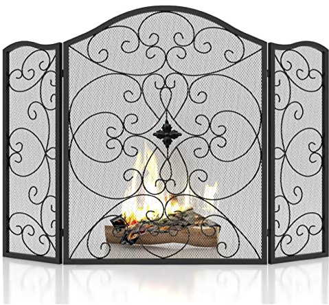 SCENDOR GARDEN Kaminabdeckung 3-teiliges Schmiedeeisen 127CM (L) x 91,5CM (H) moderner stilvoller Faltbarer Sicherheits-Kaminzaun Funkenabweiser Schwarz
