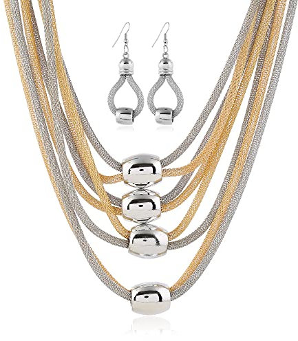 YAZILIND Halskette Ohrringe Set Schmuck Multilayer Party Vintage vergoldetes Kropfband (Golden Silber)