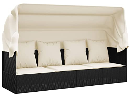 Tidyard Gartensofa mit Sonnendach Sonnenliege Outdoor Loungebett Gartenliege Lounge Gartenbank Gartenbett Sofa Gartenmöbel Liege Relaxliege Sofabett mit Dach und Kissen Rattan Sonneninsel ​Schwarz