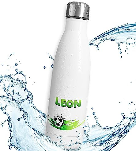timalo® Thermosflasche Fußball personalisiert mit Namen auslaufsichere Edelstahl Trinkflasche Wasserflasche für Kinder Mädchen Jungen 500mL