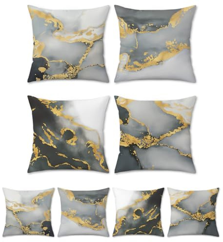 Bonhause 4er Set Kissenbezüge Grau Marmor 40 x 40 cm Doppelseitig Schwarz Gold Abstrakt Kunst Moderne Samt Soft Dekorative Kissenhülle Zierkissenbezüge für Sofa Wohnzimmer Zuhause Dekoration