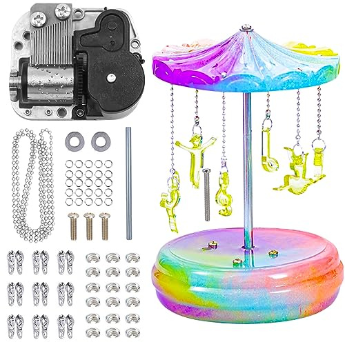 1Set Carousel Music Box Epoxy Resin Mold Project Assembly Accessories Including Music Box Mechanical Movement Bead Chain Open Beads for DIY Craft Epoxy Casting Table Home Decorations(no Mold)