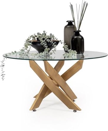 Homely® | Mesa de Centro redonda DALILA MADERA | Diseño patas entrelazadas de 80 cm. Alto 40 cm. | Cristal templado 8 mm. Patas metal efecto Madera | Mesa auxiliar moderna de salón,despacho,dormitorio