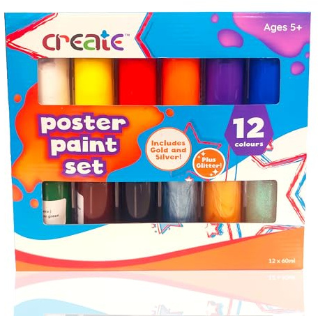 Create Poster Paint Set – 12 Water-Based Washable Colours | Includes Metallic Gold, Silver & Glitter | Acrylic Paint Tube Set for Posters, Projects, DIY Projects, Crafts, Decorations, and More
