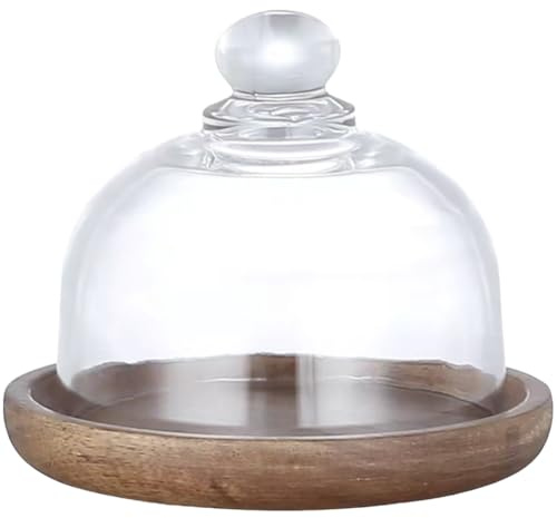 OKUMEYR Mini Cake Stand with Glass Dome and Acacia Wood Base 4.13X4.13X3.74In Covered Dessert Plate for Cheese Candy Snacks Serving at Home Parties Events