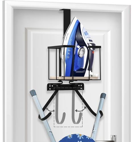 Aqash Ironing Board Hanger Over Door - Iron Holder Ironing Board Hanger Shelf Laundry Room Organization with Metal Iron Board Holder Wood Base n Adjustable Hooks for Y T Shape Legs