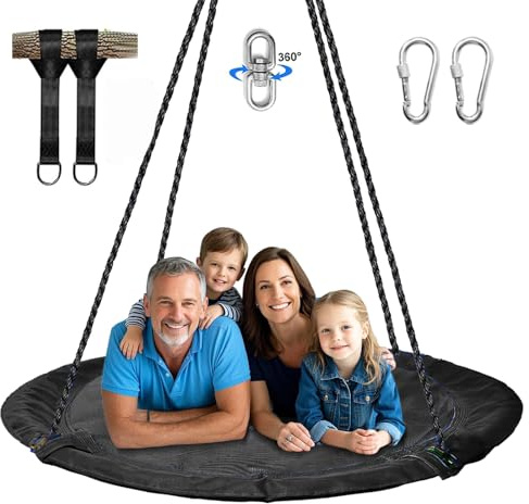 Hishine 43 Saucer Tree Swing for Kids - 360 Rotate Waterproof Flying Saucer With Swivel, Hanging Straps, Adjustable Ropes - Round Mat Spinner for Tree/Swing Set (Black)