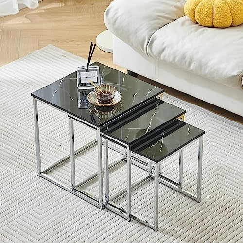 Rainbow Tree Set of 3 Nesting Coffee Tables Black Marble for Living Room, High Gloss Nest of 3 Nested Tables Sofa Side Table Coffee Table End Tables Space Saving
