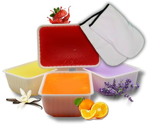 Paraffinwachs-Set für Hautpflege - Erdbeere, Lavendel, Orange, Vanille, 1000ml Jeder inkl. Handschuhe