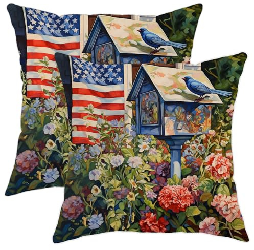 Federa per cuscino da giardino, bandiera americana, cottage, cassetta postale, uccello, fiore, piante, paese, colorato, in morbido velluto, con cerniera, per interni ed esterni, sedia da ufficio