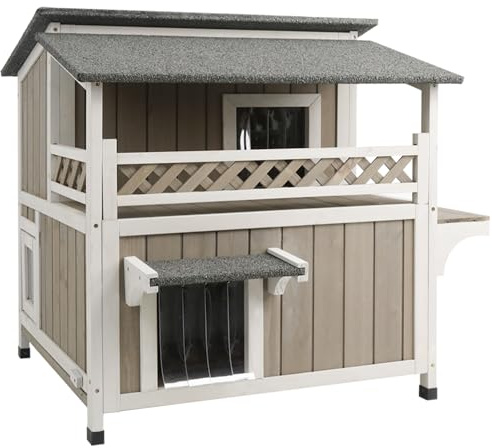 2-Story Outdoor Large Cat House with Patio, Weatherproof Wooden Feral Shelter for Indoor & Outdoor, Openable Roof, Escape Safe Doors, 2 PVC Door Strip, 2 Platforms