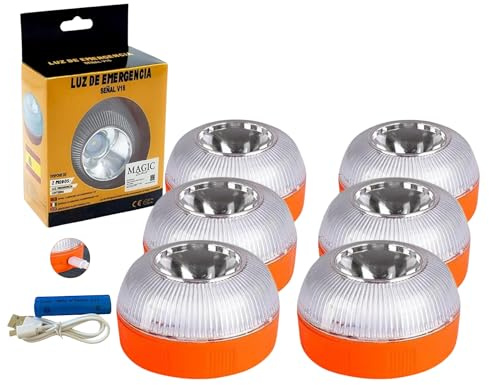 MAGIC SELECT 6x Lumière d'urgence V16 pour Signalisation Routière de Voitures et Motos. Flash Jaune et Blanc avec Base Magnétique et Batterie Rechargeable. Sans GPS.