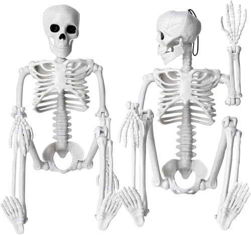 DTYDECLE 2 Stück Halloween Deko Skelett, 40cm Ganzkörper Mini Hängende Skelett mit beweglichen Gelenken für Halloween Hause Party Dekoration