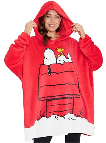 Peanuts Snobben huvtröja filt kvinnor tonåringar överdimensionerad fleece poncho bärbar filt sweatshirt myskläder gåvor för kvinnor röd
