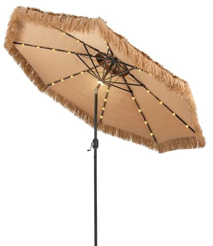 GOPLUS Sombrilla de Paja Hawaiana 300 cm con Techo Doble, Sombrilla Playa con 32 Luces LED, Botón para Inclinación, Protección UV, Parasol Terraza Plegable sin Base (Natural+Luz blanca fría, 300 cm)