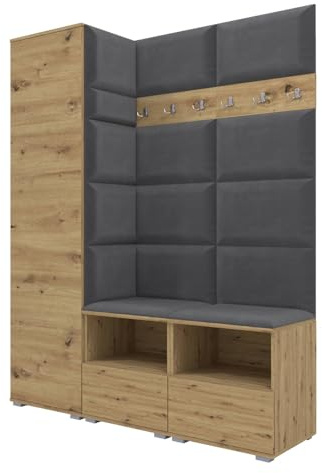 RAVIO Flurgarderobe 150 cm Ink. Schuhschrank mit Sitzbank, Garderobe Set mit Garderobenpaneel, Wandpolster & Push to Open Türen - Artisan Eiche/Wandpaneel Dunkelgrau
