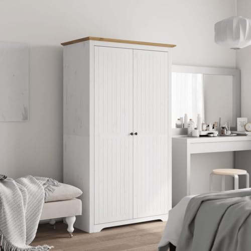 Willood Kleiderschrank BODO Weiß und Braun 99x53,5x173 cm Kiefer Garderobenschrank mit Kleiderstange Türen, Schlafzimmerschrank Schrank mit Stauraum, Holzschrank Flurschranknholz