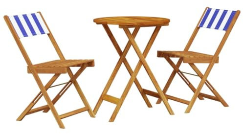 vidaXL Bistro Set 3-TLG., Balkonset mit Klappdesign, Sitzgruppe für Garten Terrasse Balkon, Gartenmöbel Gartengarnitur, Blau Weiß Stoff Massivholz