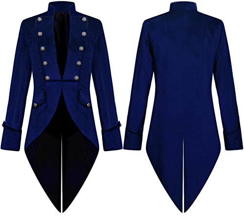 AGYMNX Steam Punk Men's Jacket Velvet Gothic Tailcoat Steampunk Coat Rock Medieval Victorian Uniform Long Tuxedo for Men Halloween Costume Carnival Party Cosplay Clothing, blue, XXL