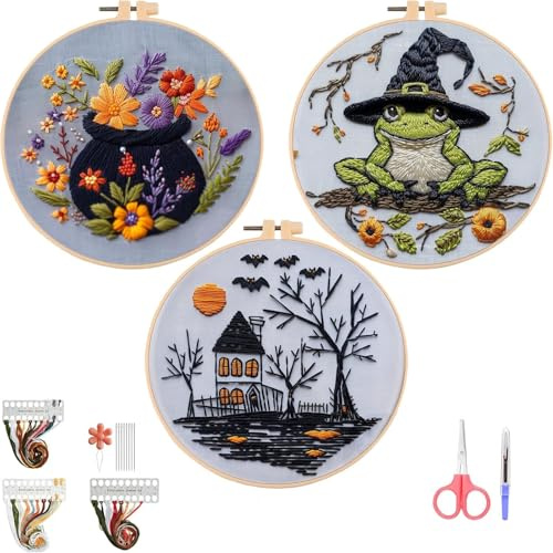Broderisats Halloween, stämplade korsstygnskit Nålspetssats, Gotiskt Halloween-broderistartpaket for nybörjare, vuxna, DIY-korsstygnskit for vuxna med nålar och tråd ingår(3 set)
