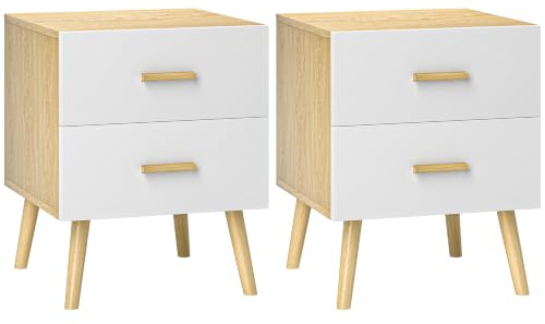 HOMCOM Mesitas de Noche de 2 Piezas con Cajones y Asas de Bambú, Roble | Mesillas de Noche para Dormitorio, Mesas Auxiliares para Salón