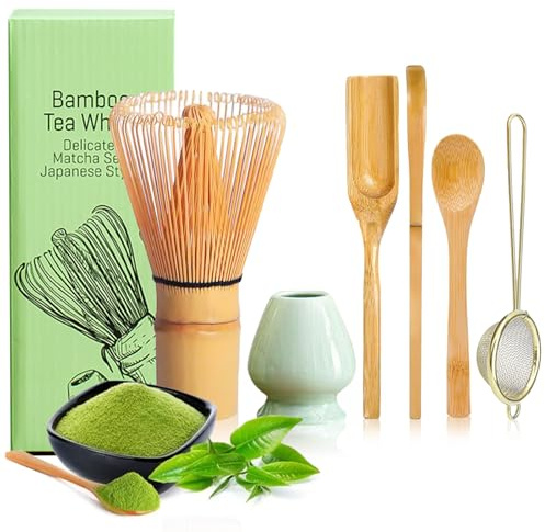 YSOOUA Lot de 6 fouets à matcha - Accessoires japonais pour la cérémonie du matcha - Avec cuillère à matcha, cuillère traditionnelle, cuillère à café, passoire à thé, porte-pinceau à thé en céramique