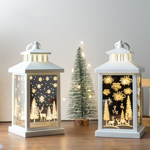 2 Stück Laterne Weihnachten, Weihnachtslaterne Mit LED Licht, 10 X 22 Cm Batteriestelle Deko Weihnachten, Schneelaterne Mit Elch Schneeflocke Weihnachtsbaum, Hängend Weihnachtsdeko Innen (2STK)
